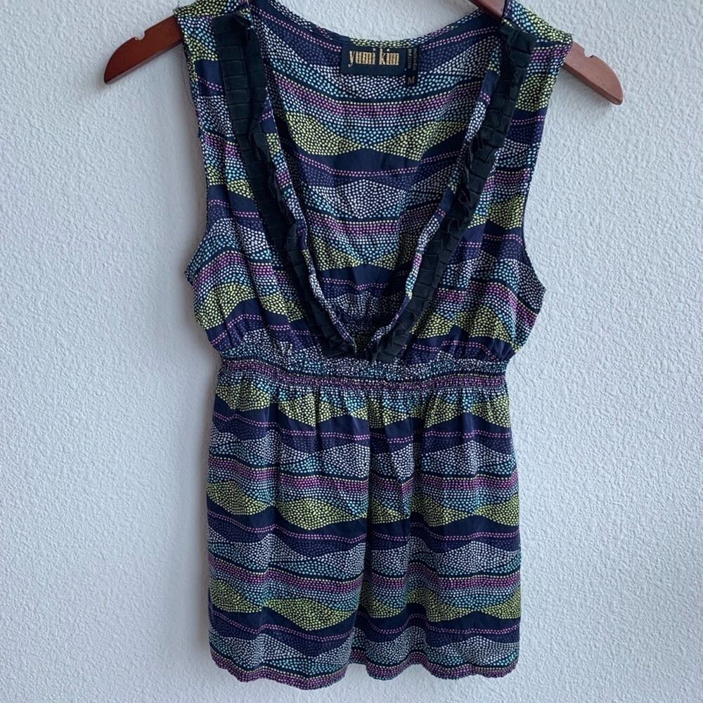 Yumi Kim 100% Silk Deep V Tank Blouse Geometric Blue Green M